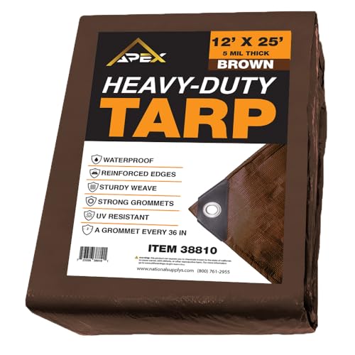 Heavy Duty Brown Tarp - 12ft x 25ft - 5 MIL Multipurpose UV Resistant, Waterproof Protective Tarp Cover with Metal Grommets and Reinforced Edges - for Roof, Camping, Patio, Boat, Car