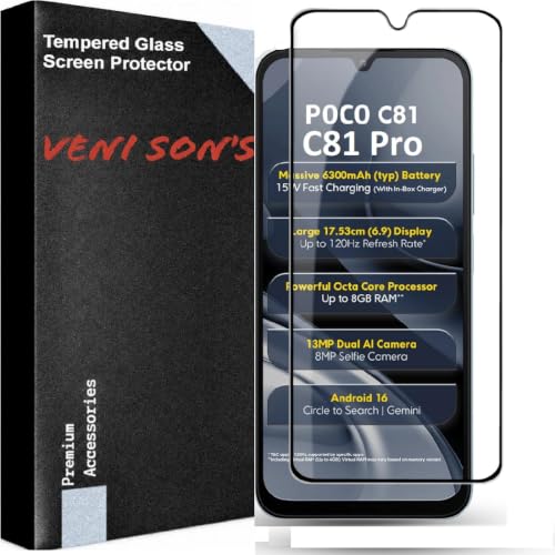 Image of VENI SON'S Scratch And Tear Resistant, Crystal Clear Edge to Edge Tempered Glass Screen Protector Guard Compatible With Poco C81 / Pro