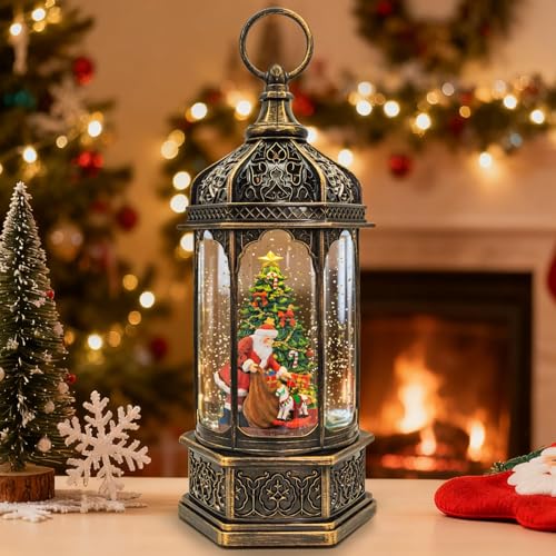 SUNFACE Christmas Snow Globe Lantern, Santa Claus Gift Piles Light Up Musical Snow Globes with 6H Timer, 3 AA Battery & USB Powered, Glitter Water Globe Indoor Home for Kids Women Adults