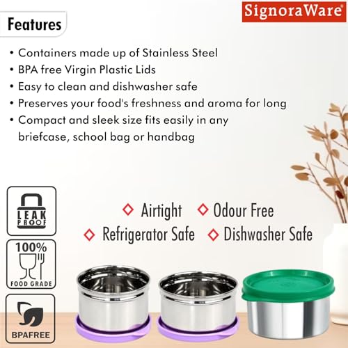 Image of Signoraware Mini Fresh Stainless Steel Container | Airtight & Leakproof | Ideal for Snacks, Kids Lunch, Kitchen Storage & Travel Use (170ml + 140ml + 225ml | Setof3 | Multicolor)