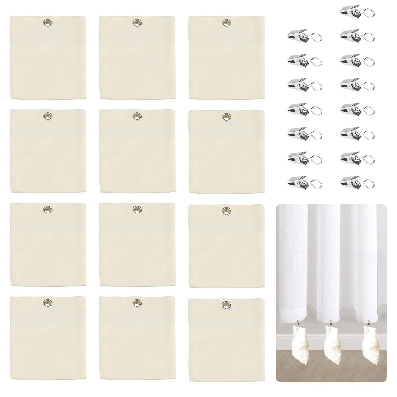 Yitexin 12 Pack Outdoor Curtain Weights Beige, 12.5 x 15 cm Drapery Weights with Stainless Steel Clips, Patio Bottom Sandbag for Heavy Wind Outside Drapes Cabana Gazebo Pergola Garden (Beige)