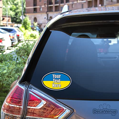 Image of Personalized Ukraine Oval Vinyl Bumper Stickers (3 Pack) (6 inch - Ukrainian Flag- Custom Text)