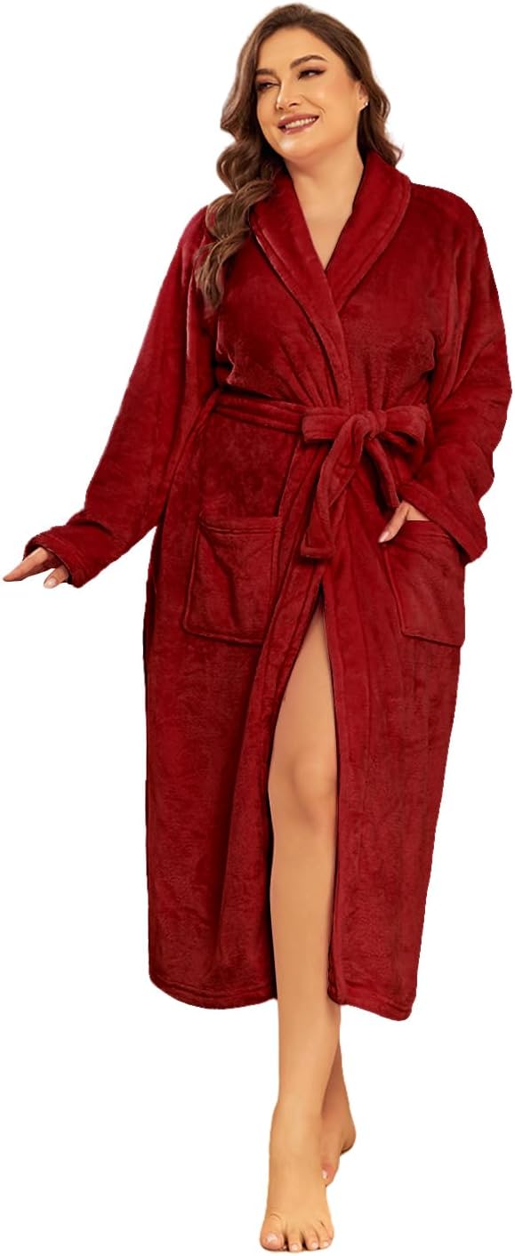 RONGTAI Fleece Womens Bathrobe, Long Plush Robes for Women, Two Side Pockets and Belts, Warm and Cozy (Burgundy, XXL), XX-Large - Image 2