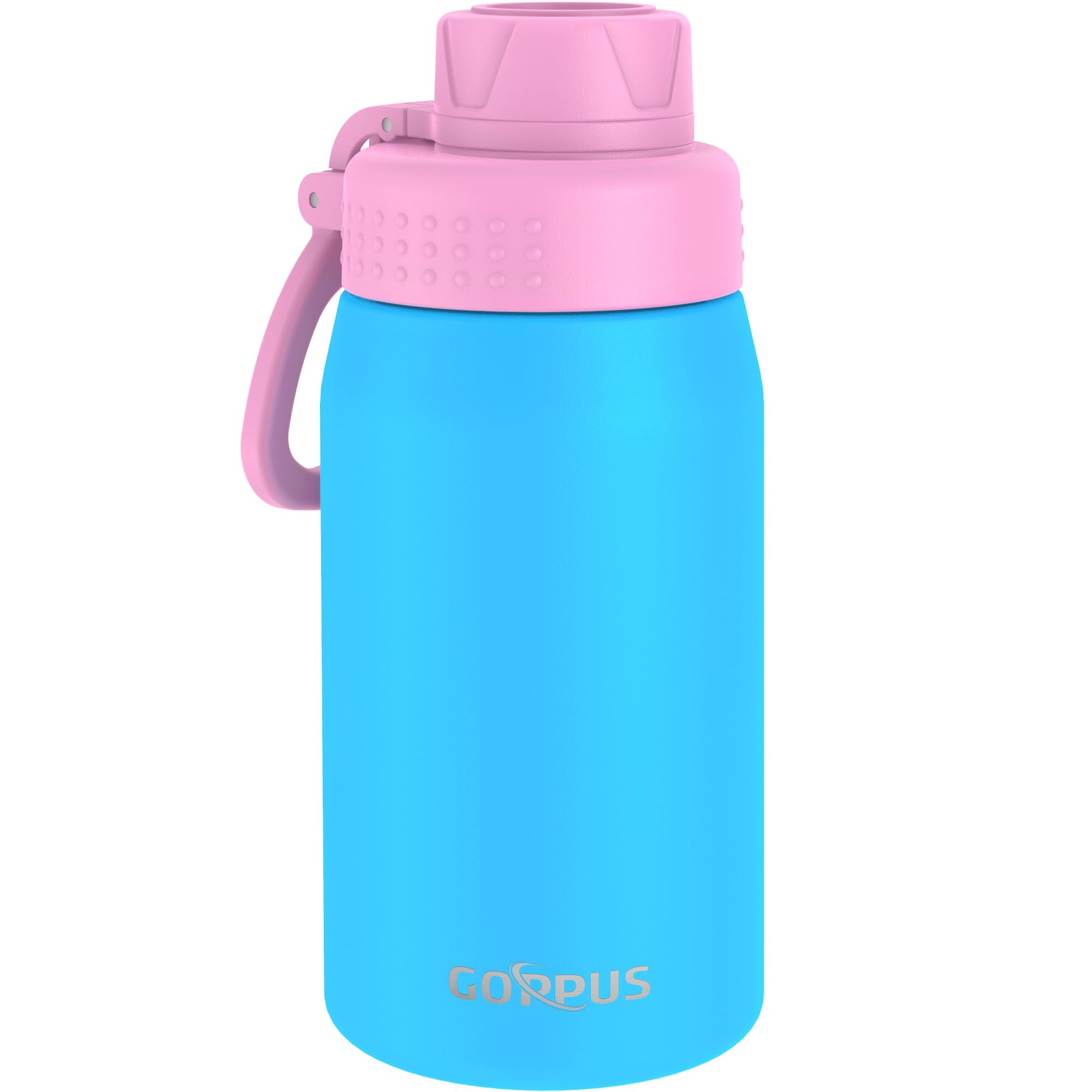 GOPPUS 420ml/15oz Kids Insulated Water Bottle with Screw Lid (No Straw) Stainless Steel Toddler Bottle School Flask Girls Boys Drinks Cup with Handle & Leakproof & Keep Drinks Cold (Pink Sky Blue)