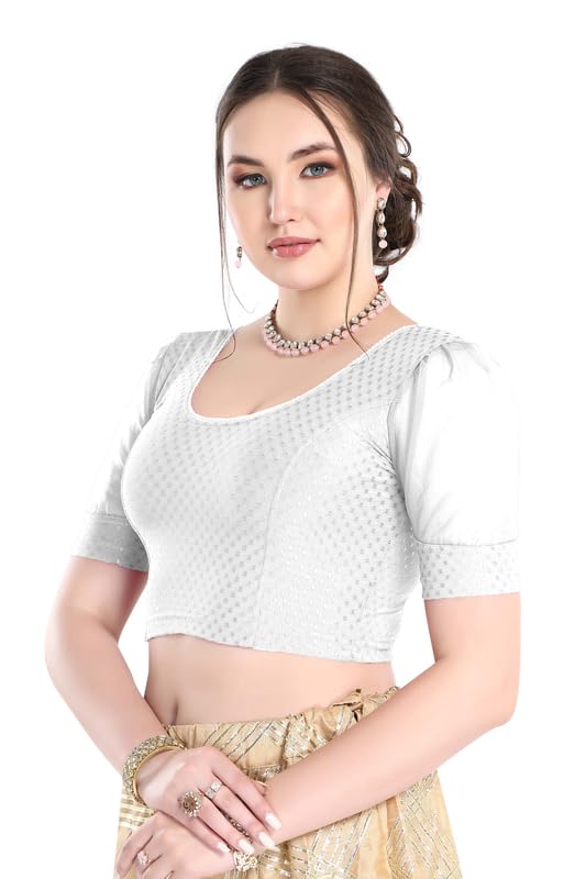 Image of FINESTFIT Stay On Trend Fashion 100% Cotton Readymade Blouses for Women,Round Neckline with Organza Balloon Sleeves.