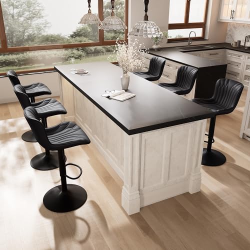 Image of YOUNIKE Black Bar Stools Set of 6 Modern Swivel Counter Height Bar Chair with Back Adjustable Kitchen Island Faux Leather Padded Barstools taburetes de bar Breakfast sillas para barra de cocina 6PCS
