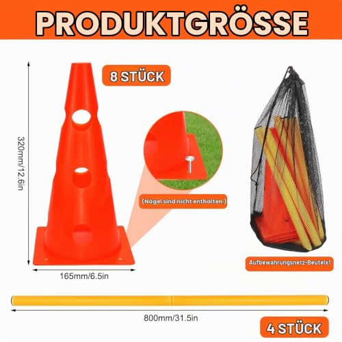 Weciau Steckhürdenset, Agility Set Hunde mit 8 Kegel(32cm) + 4 Stangen(80cm), Cavaletti Hund für Koordinationstraining, Pylonen Hundetraining, Einstellbare Trainingshürden für Hunde Teamsport Fussball