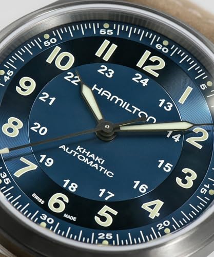 Image of Hamilton Khaki Field Titanium Automatic Men's Watch, 42mm Titanium Case, Swiss Made, Blue Dial Analog Wrist Watch for Men, 100m Waterproof, Sapphire Crystal, 3-Hand Movement, Cow Leather Strap