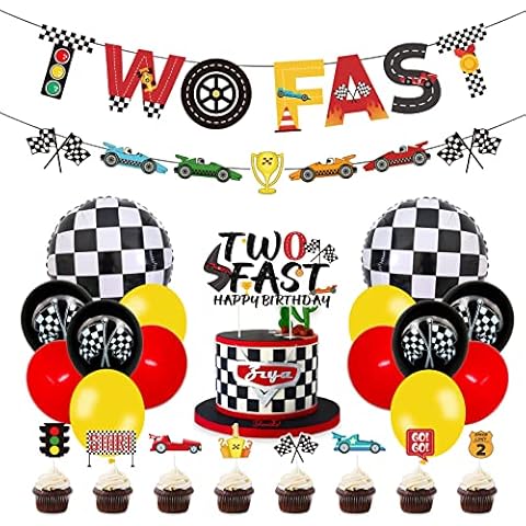 PRATYUS Two Fast Birthday Decorations for Kids, 2nd Birthday Racing Car Party Supplies with Banners, Cake Toppers and Checkered Balloons for Boys Girls Car Theme Party Events Cover