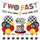 PRATYUS Race Car Two Fast Birthday Decorations for Kids Boys Racing Theme 2nd Party Supplies With Banner, Cake Toppers and Checkered Balloons for Let's go Racing Theme Party