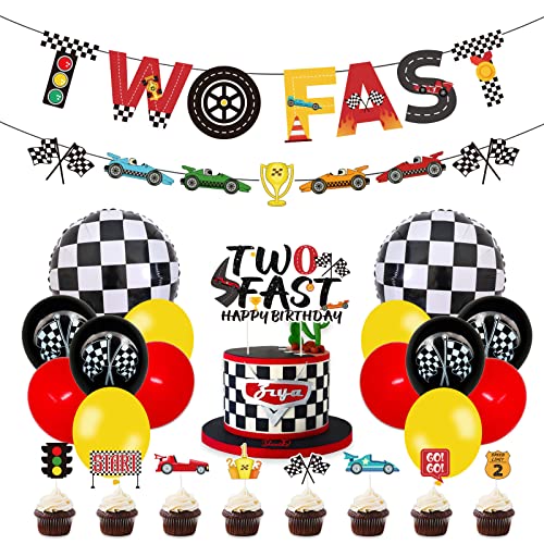 Pratyus Race Car Two Fast Birthday Decorations For Kids Boys Racing Theme 2Nd Party Supplies With Banner, Cake Toppers And Checkered Balloons For Let's Go Racing Theme Party #TOP28