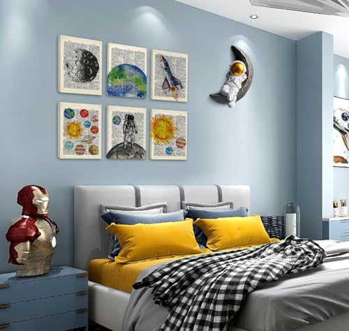 Image of CHDITB Space Exploration Canvas Wall Art, Solar System Wall Decor, Set Of 6 Dictionary Outer Space Poster With Frame Astronaut Wall Art Universe Art Prints For Kids Room Nursery Decor (8x10 Inches)