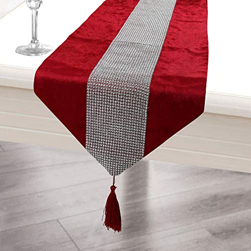 Time to Sparkle Velvet Table Runner + 4 Placemats Thick Velvet Satin Tasseled Xmas (Red, 4*Placemats + 1*Runner) - Image 2