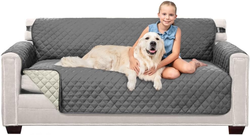 Couch Slip Covers for Dogs, Reversible Furniture Protector with Strap, Stain and Tear Resistant Cushion Cover, 70 inch Seat, Machine Washable Slipcover Pets, Cats, Charcoal Linen