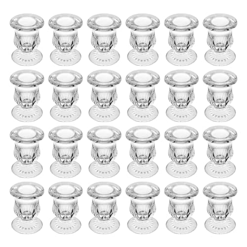 BTGLLAS Glass Taper Candle Holder Set of 24 - Clear Crystal Candlestick Holders for Tapered Candles Elegant Candle Stick Holder Set for Wedding Party Christmas Thanksgiving Festival (24 Transparent)