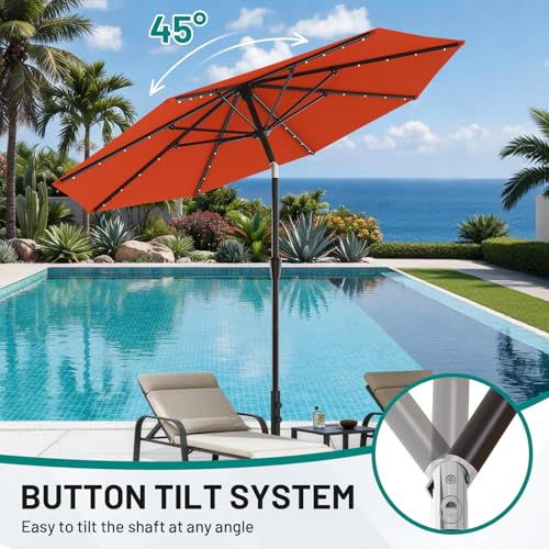 Image of AreShark 9FT Patio Umbrella with Solar Lights, 32 Lighted Pool Umbrella w /Tilt and Crank, Outdoor Market Solar Umbrellas for Garden, Deck, Backyard, Pool and Beach, Orange