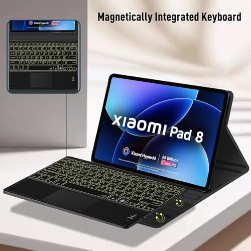 Image of HOM Tri-Fold 7-Colour Backlight Detachable Wireless Bluetooth Keyboard with Trackpad /Touchpad Tablet Cover Case for Xiaomi Mi Pad 8 /8 Pro Tablet 11.2 inch
