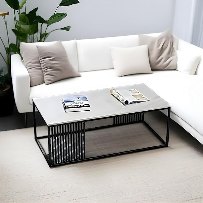 Image of Furniture Cafe Modern Rectangular Coffee Table with White Marble Top and Gold Metal Frame - Contemporary Center Table for Living Room (Black & White)