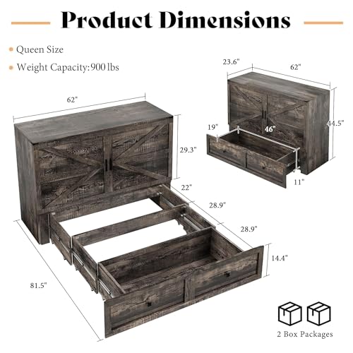 Image of AMERLIFE Queen Murphy Bed Cabinet with Charging Station and Storage, Farmhouse Foldable Platform Bed for Guest Room, Office, Small Spaces, Black Oak