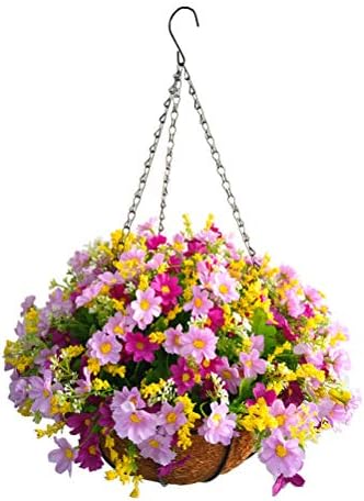 Silk Flower Chain Hanging Basket Flowerpot Artificial Daisy Purple Fake Flowers (Big Basket)