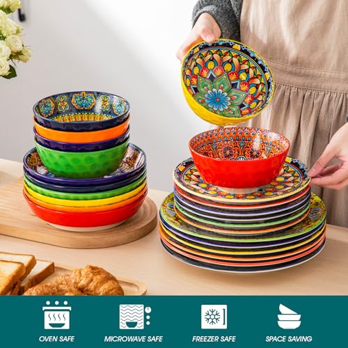 Image of vancasso 24 Pieces Plates and Bowls Set, Bohemian Style Dinnerware Sets Service for 6, Porcelain Boho Dishes Set for Kitchen, Housewaring Gift, Dishwasher and Microwave Safe, Series KRVI