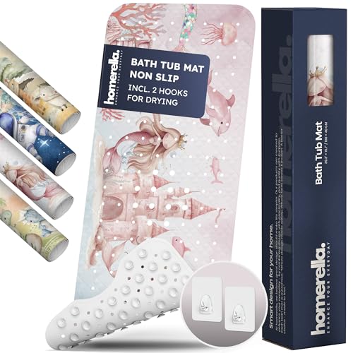 Bath Tub Mat Non Slip Anti Mold for Kids BPA Free INCL Hooks - homerella® Ocean Sea Animals 40x16, Baby Bath Mat Non Slip 200 Suction Cups, Non Toxic...