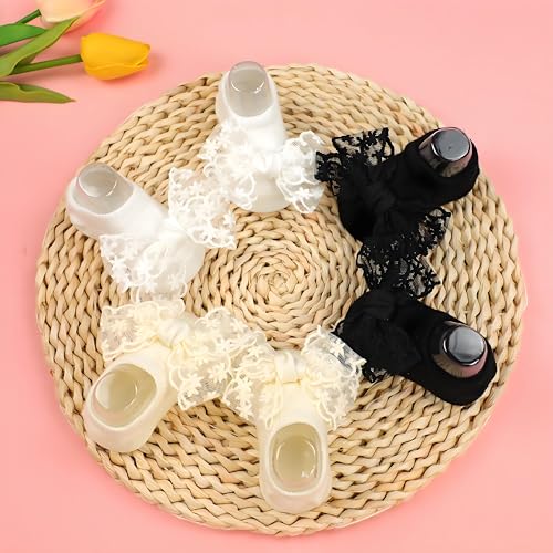 3 Pairs Baby Girls Socks, Lace Bow Non-Slip Grips Sock Toddler Princess Low Cut Ankle Socks for Newborn,Infant2