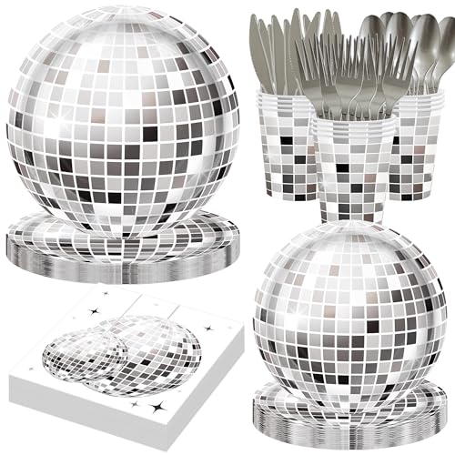 140PCS Disco Ball Party Decorations Black Silver Disco Paper Plates and Napkins Dessert Tableware Set Hip Hop Birthday Party Supplies 20 Guests