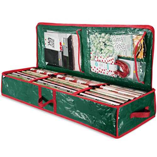 Zober Christmas Wrapping Paper Storage Bag with Interior Pockets - Fits 18-24 Rolls - Gift Wrap Organiser for Christmas Decorations Bows, Tags & Ribbons - Durable Tear Proof Wrapping Paper Storage Box