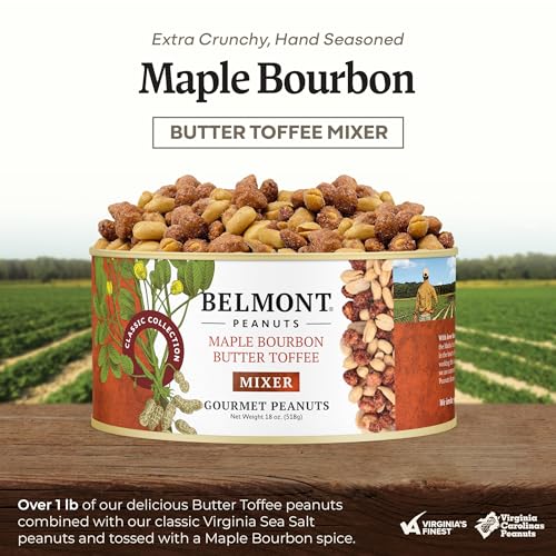 Image of Belmont Peanuts Gourmet Maple Bourbon Butter Toffee Mixer with Maple Bourbon-Spiced Sea Salt and Butter Toffee Virginia Peanuts, 18 oz (1 Pack) - Simple Ingredients, No Preservatives, Hand Seasoned