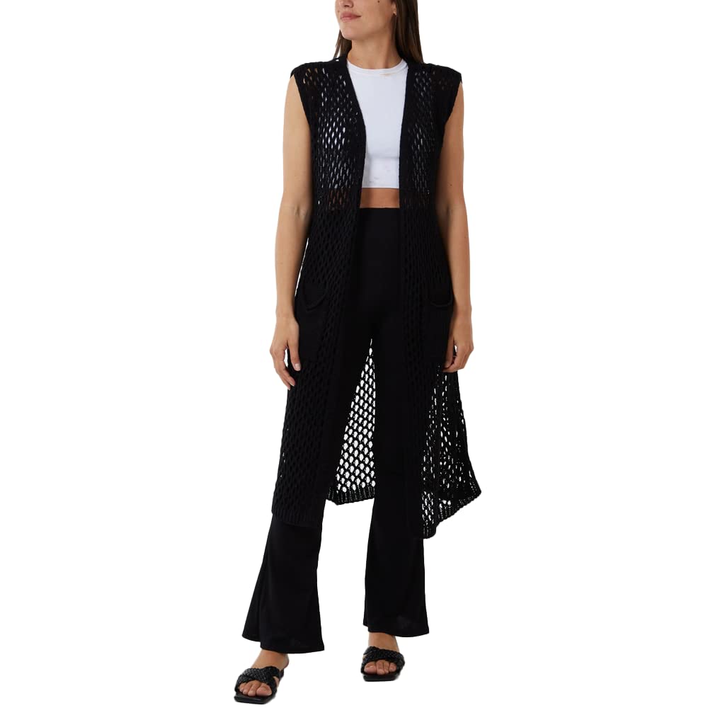 STAR FASHION New Womens Sleeveless Crochet Open Front Cardigan Ladies Bikini Wraparound Cover Up Beach Kimono for Summer with Two Pockets UK One Size (10-22)