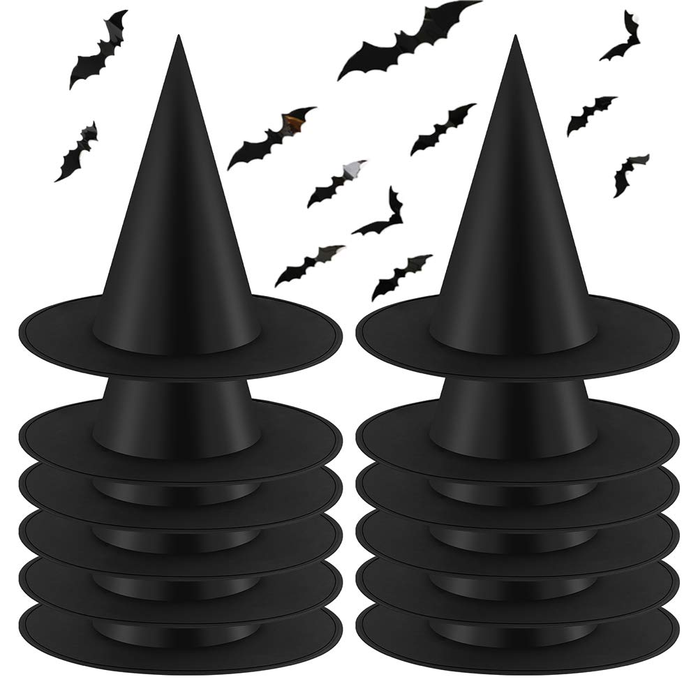 12pcs Halloween Witch Hats + 12pcs 3D Bats Stickers - Costume Accessories for Parties, Cosplay, Carnivals, Holidays