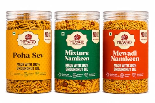 Image of Mewad Poha Sev, Mewadi Namkeen & Mixture Spicy Combo | Traditional Indian Namkeen Assorted Snack Pack | Made with 100% Groundnut Oil | No Palm Oil | 750g Pack of 3