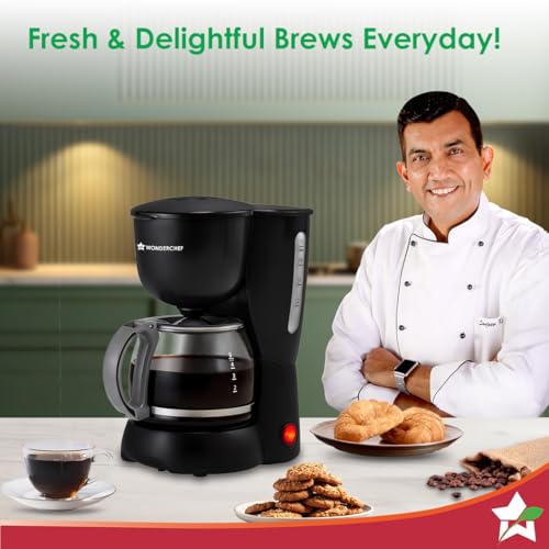 Image of Wonderchef Veneto Brew Coffee Maker | Drip Coffee | 4 Cups Coffee | 600 ml Borosilicate Glass Carafe with Hot Plate | Anti - Drip|Auto Shut Off | Reusable Conical Filter | 550 W|Black| 2 Year Warranty