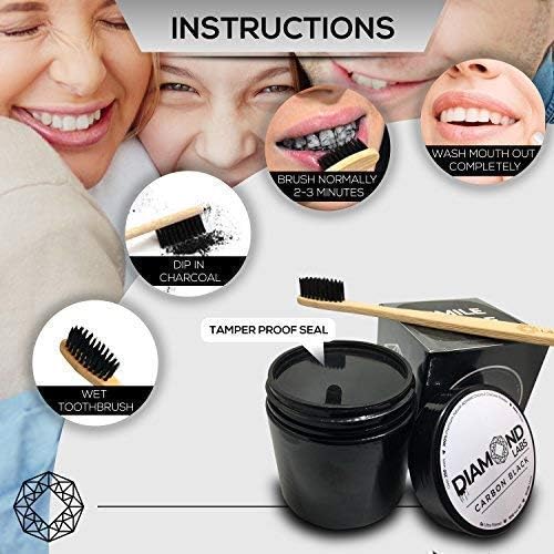 Diamond Labs | Premium Activated Carbon Charcoal Teeth Whitening Kit | Large (2oz) Size | Includes (1) FREE Bamboo Toothbrush + FREE Downloadable E-Book | Mint Flavor