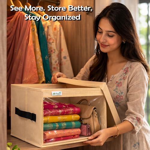 Image of JD Fresh Foldable Cloth Cover Storage Box With Lid /Wardrobe Clothes Organizer /Storage Basket /Space Saving Storage /Collapsible Clothes Organizer /Cupboard Storage Box for Shirts, Pants- Beige Pack of 10