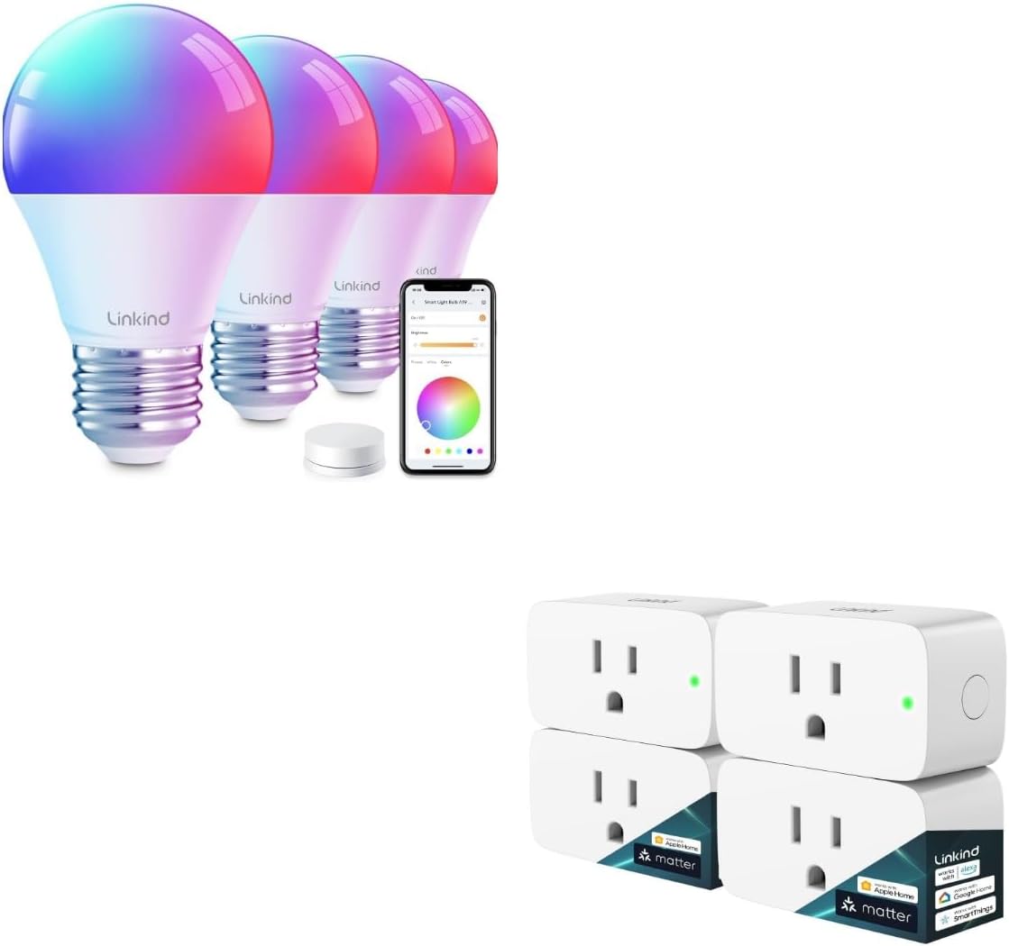 Matter Smart Plug 4 Pack Smart Light Bulbs 4 Pack RGBTW Color Changing Light Bulbs with Remote Control