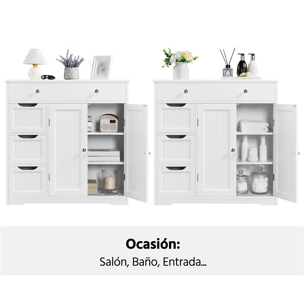 Yaheetech Mueble Almacenamiento de Baño Auxiliar Madera Blanco 81×30×81,5cm | Armario con Cajones y Estantes Ajustables Armario de Baño para Sala de Estar MDF