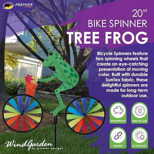 Bike Spinner Tree Frog 20\" – Tropical Amphibian Design, Weather-Resistant Outdoor Decor, Durable & Lightweight for Patios, Yards, and Gardens - Eye-Catching Wind Spinner with Rotating Wheels