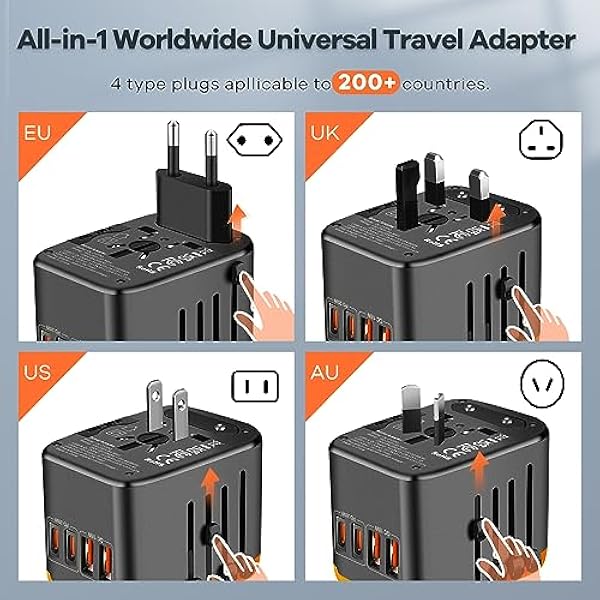 NOSANLA Adaptador Universal de Viaje, Adaptador de Enchufe Internacional, Cargador de Pared Convertidor Todo en Uno con 2 puertos USB-A y 2 puertos USB-C para EE.UU., UE, Reino Unido, Australia y Asia