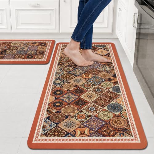 Image of Amazon Brand - Solimo Silicone Kitchen & Bath Mat (Pack of 2) | Multi color with Orange colored border| Anti-Fatigue Comfort Foam | Waterproof & Anti-Slip | 60 x 40 cm & 40 x 120 cm| Quick-Dry & Easy Clean