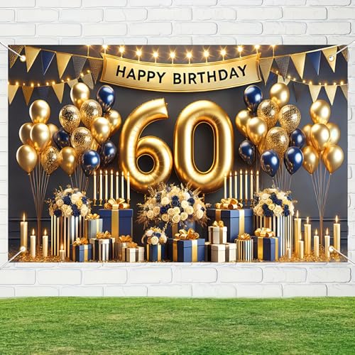 Image of BlissYard Happy 60th Birthday Backdrop Gold and Navy Blue Balloon Banner Birthday Sign Photography Background 60 Year Birthday Party for Women Birthday Party Decorations Photo Booth 71x 43 Inch