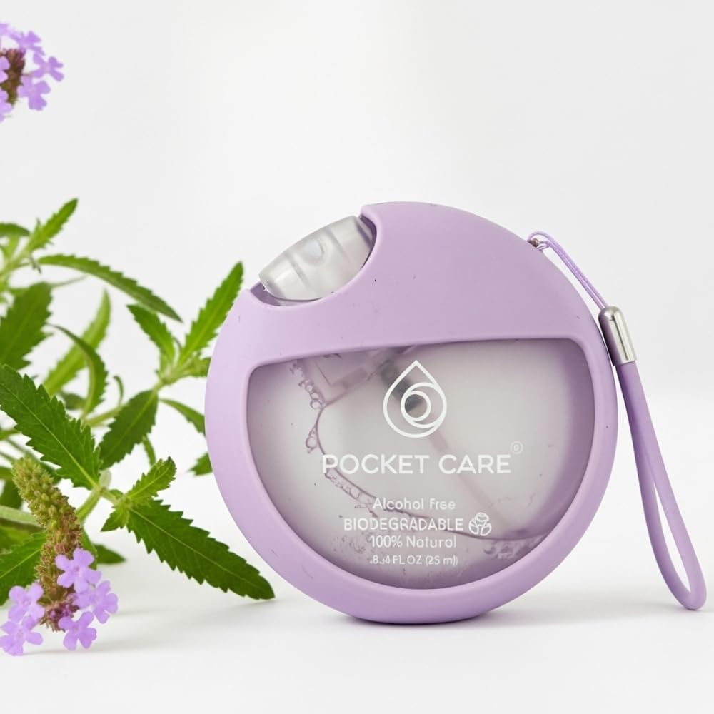 POCKET CARE–Organic Moisturizing Refillable Hydrating Verbena Hand Sanitizer Spray (25 ml/0.85 FL OZ) Preppy,Portable with Strap, Mini Travel Keychain