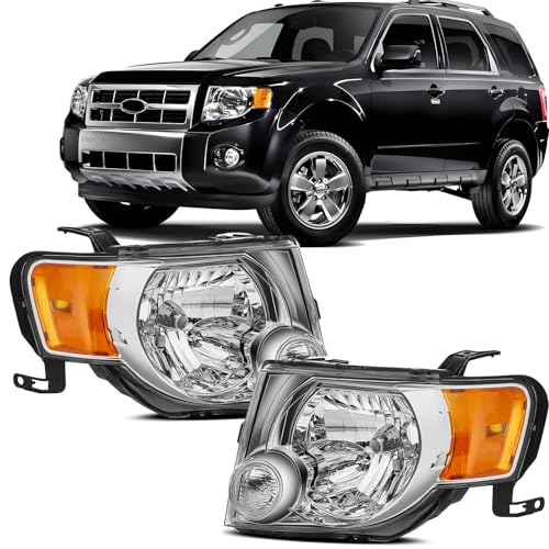 corkiauto For 2008-2012 Ford Escape Headlight Assembly OE Style Halogen Chrome Housing Amber Reflector Clear Lens Driver & Passenger Side (Bulbs Not Included)