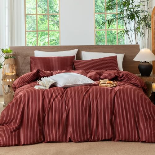 Image of MooMee Striped Duvet Cover Set 100% Washed Cotton Linen Like Queen | Relaxed Linen-like Texture. Soft, Breathable & Long-lasting Comfort. Lightweight. Hidden Zipper with 8 Interior Corner Ties