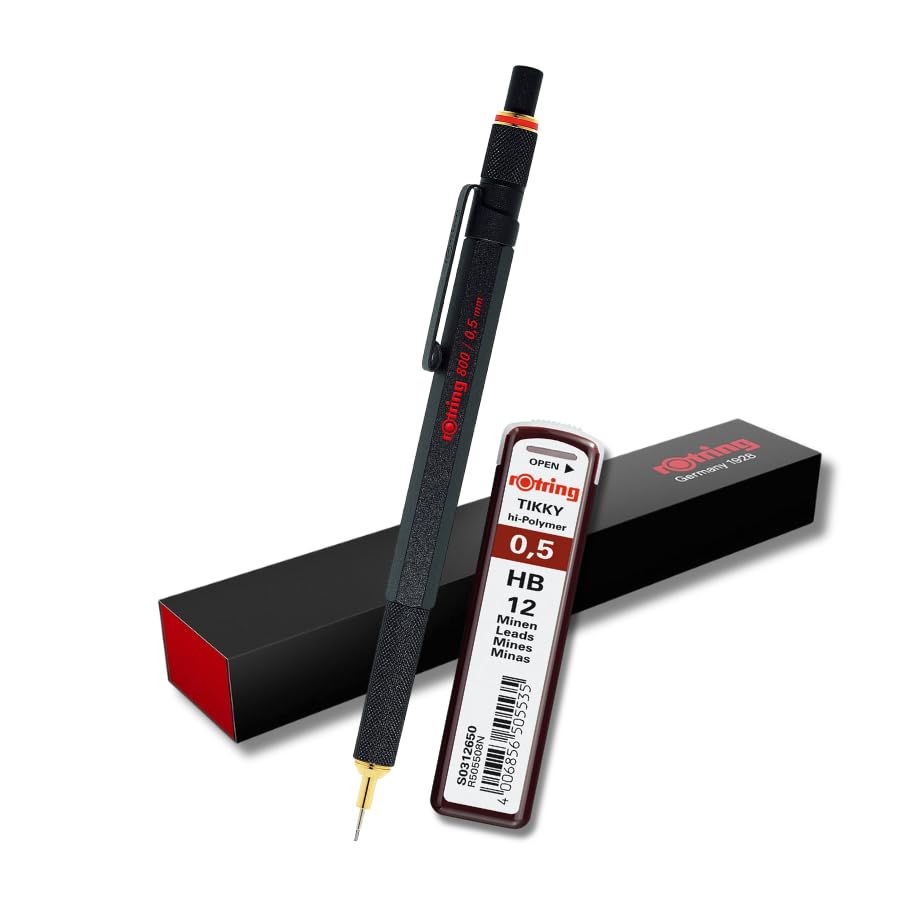 rOtring 800 Mechanical Pencil 0.5mm 1904447 - Black with extra Tikky Lead Refills, HB - 0.5mm