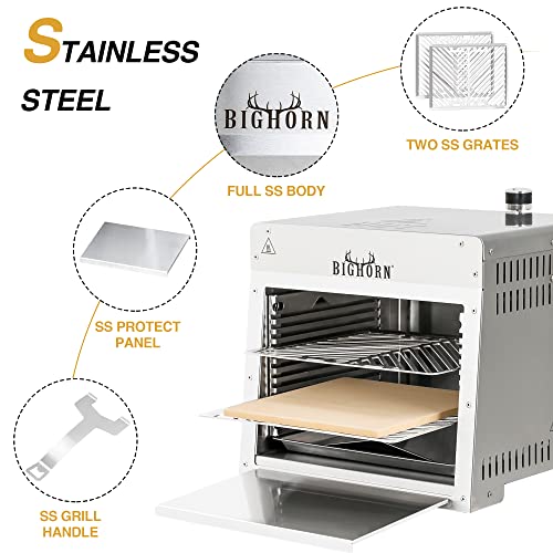 BIG HORN OUTDOORS 1500°F Small Infrared Propane Gas Grill – Portable Steak Broiler & Sear Station, Outdoor Salamander BBQ with Pizza Stone, Stainless Steel