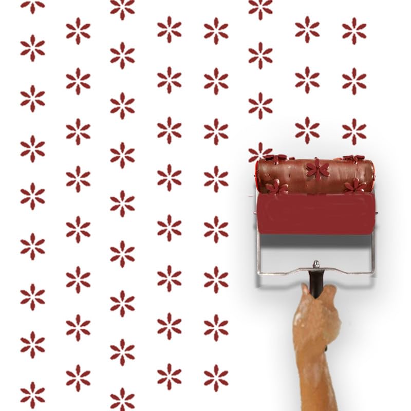 Image of Design Paint Roller with Floral Burst Pattern - Reusable Decorative Wall Texture Roller for DIY Home Decor, Accent Walls, Furniture, and Crafts - Durable Embossed Stencil Painting Tool