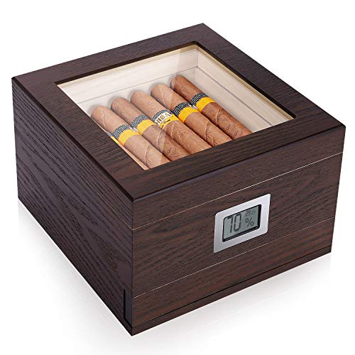 Handmade Cedar Cigar Humidor, Natural Wood Texture Glass Top Cigar Humidor Case for 30-50 Cigars, Digital Hygrometer Humidifier and Accessory Drawer, Desktop Humidors(30-50 Cigars)