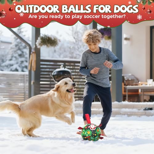 Image of QDAN Christmas Dog Toys: Soccer Ball with Straps for Outdoor Play, Tug of War- Dog Birthday Gift, 8 Inch Balls for Medium & Large Dogs